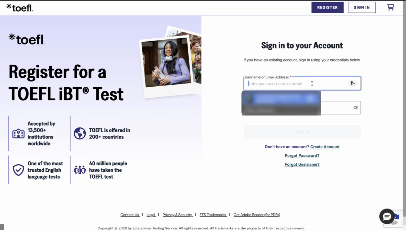 Tela de login do portal de inscrição da ETS