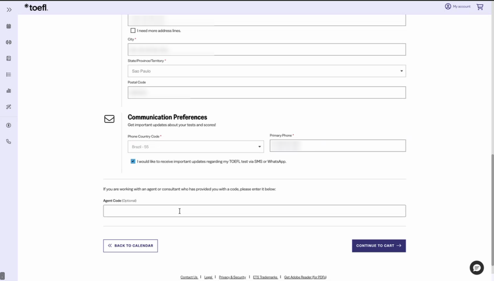Preferências de contato e botão Continue to Cart