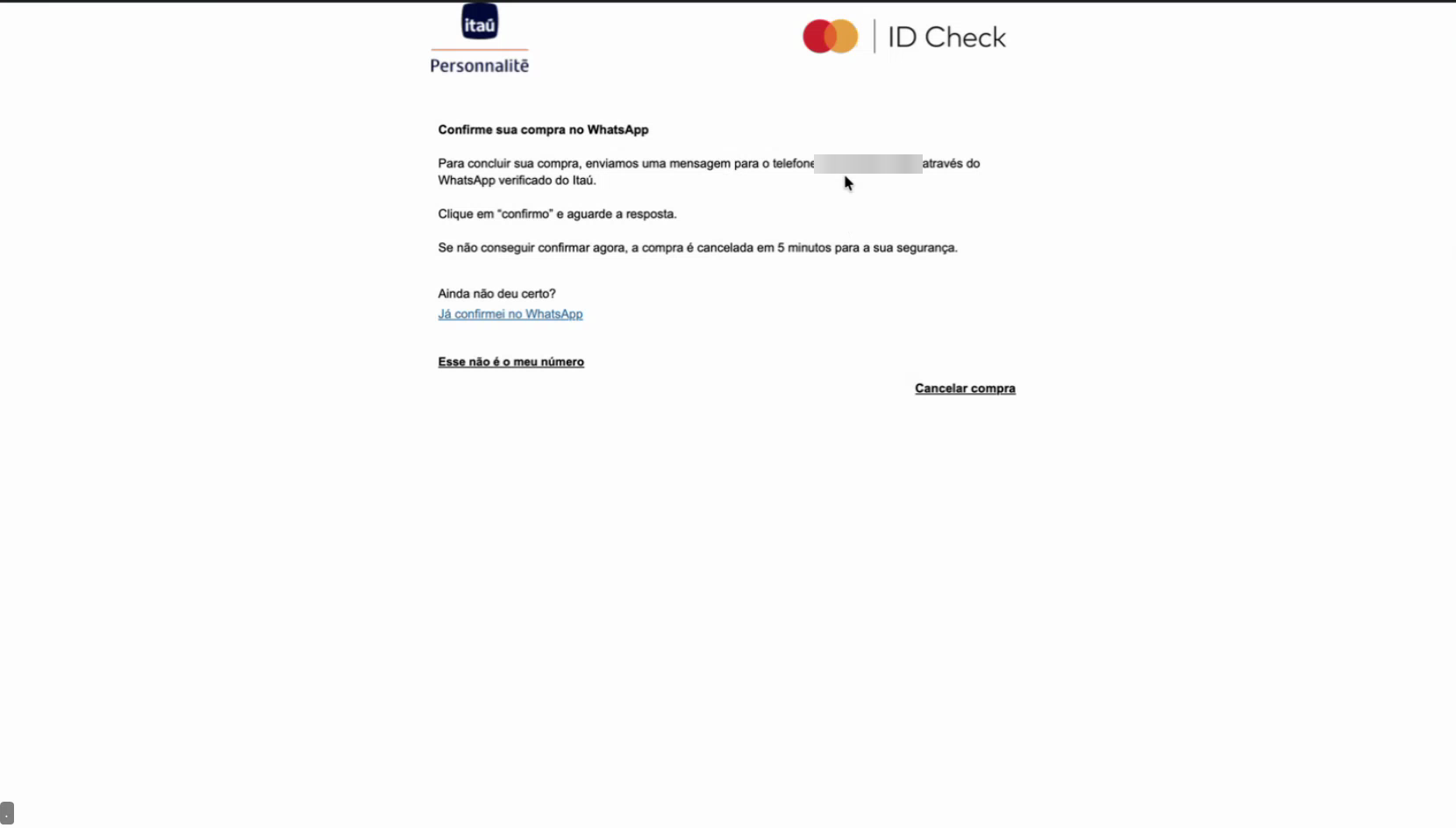 Página do banco pedindo confirmação da compra pelo WhatsApp