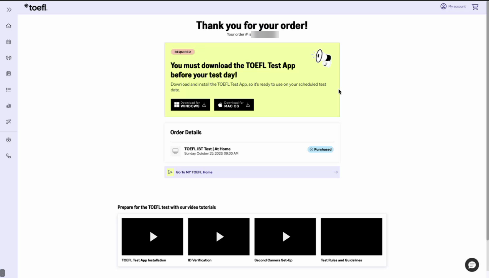 Confirmação do pedido com o download do TOEFL Test App