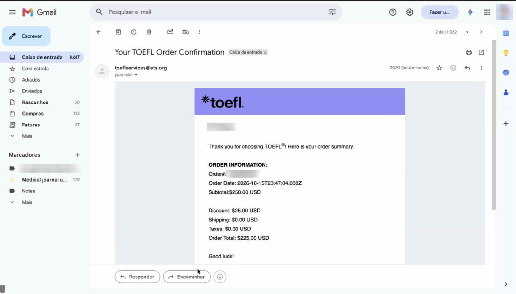 E-mail de confirmação do pedido