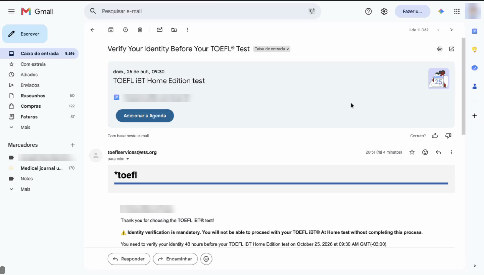 E-mail de verificação de identidade com o cartão de agenda