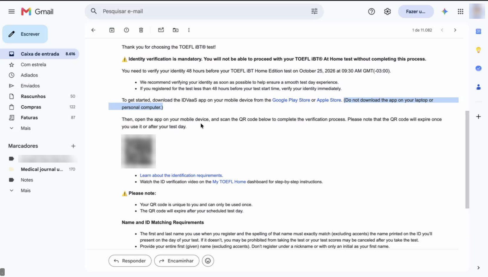 Trecho do e-mail com o QR code e as regras de nome e documento