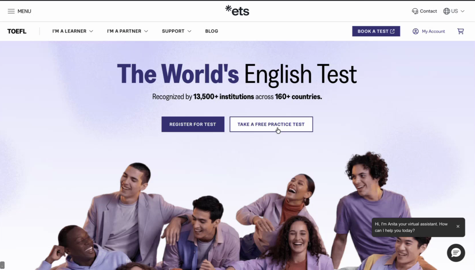 Botão do simulado gratuito no site da ETS