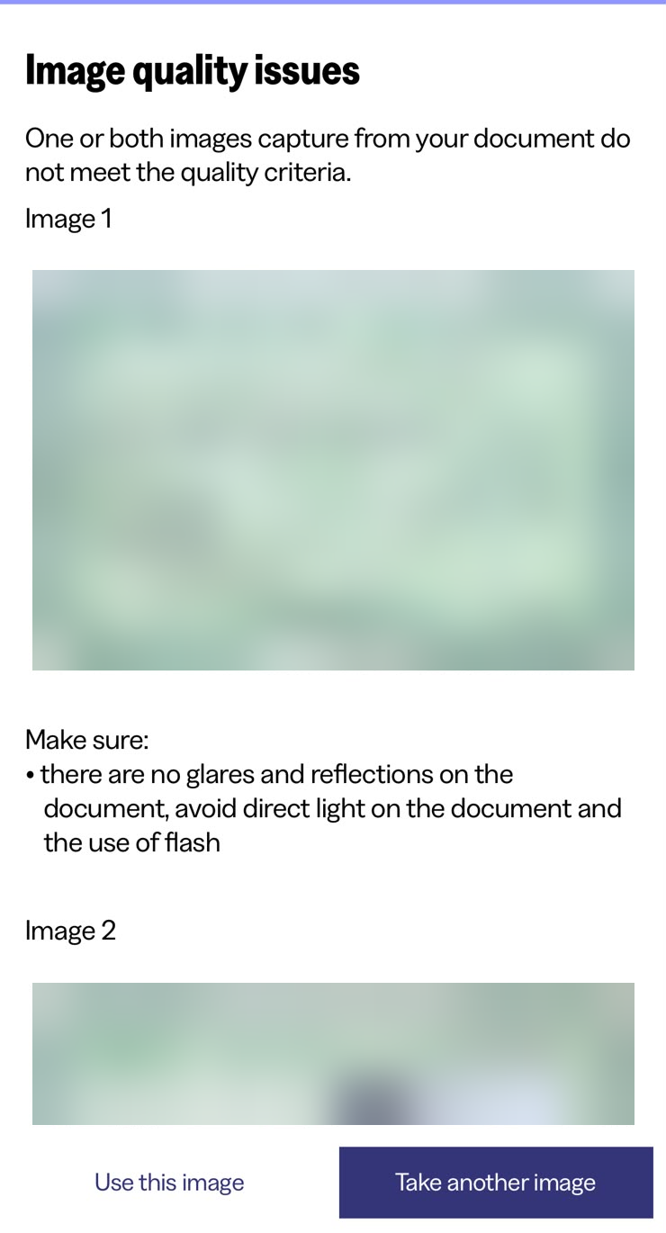 Tela de erro do app IDVaaS com um RG antigo: "Image quality issues" (documento borrado)